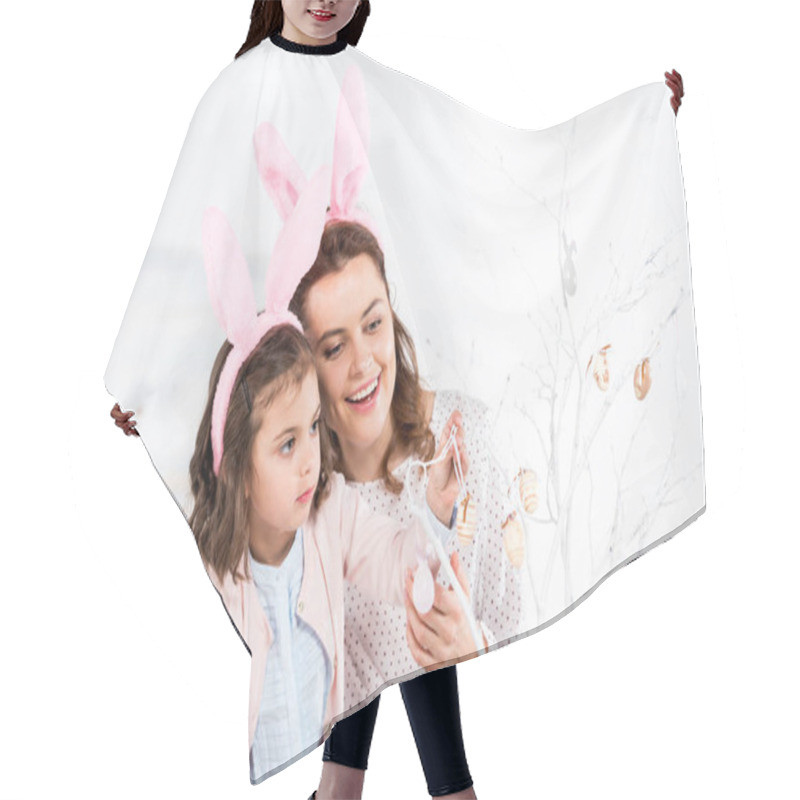 Personality  Blissful Mother And Daughter In Bunny Ears Decorating Easter Tree Hair Cutting Cape