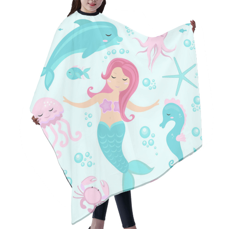 Personality  Cute Set Little Mermaid And Underwater World. Fairytale Princess Mermaid And Dolphin, Octopus, Seahorse, Fish, Jellyfish. Under Water In The Sea Mythical Marine Collection. Hair Cutting Cape