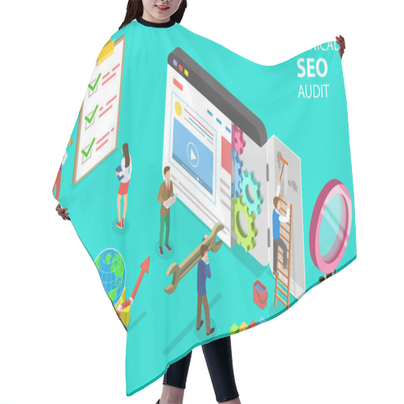 Personality  Isometric Flat Vector Concept Of Technical SEO Audit, Search Engine Strategy. Hair Cutting Cape