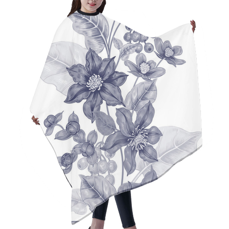 Personality  Black And White Pattern With Flowers Clematis. Hair Cutting Cape