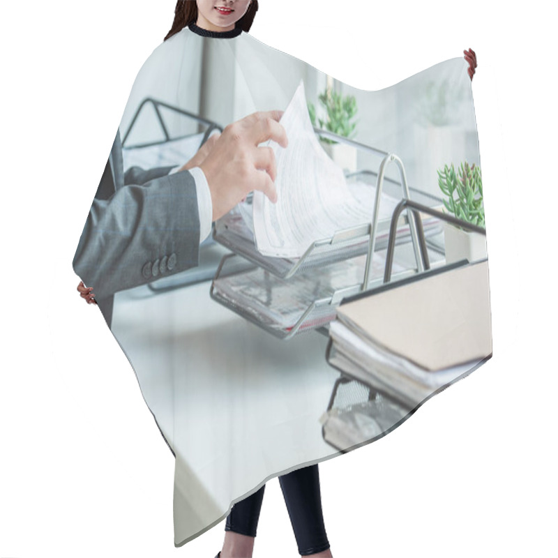 Personality  Cropped View Of Businessman Looking For Paper In Document Tray, While Standing Near Window Hair Cutting Cape