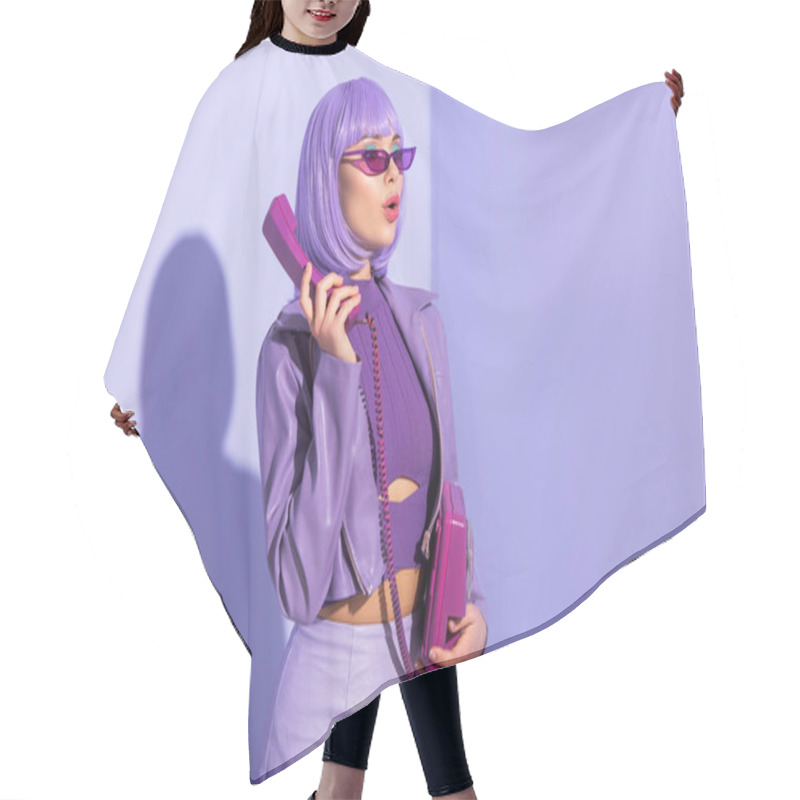 Personality  Amazed Young Woman Dressed In Doll Style With Retro Telephone On Violet Colorful Background Hair Cutting Cape