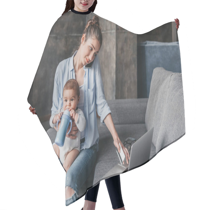 Personality  Mother With Her Son Remote Working  Hair Cutting Cape