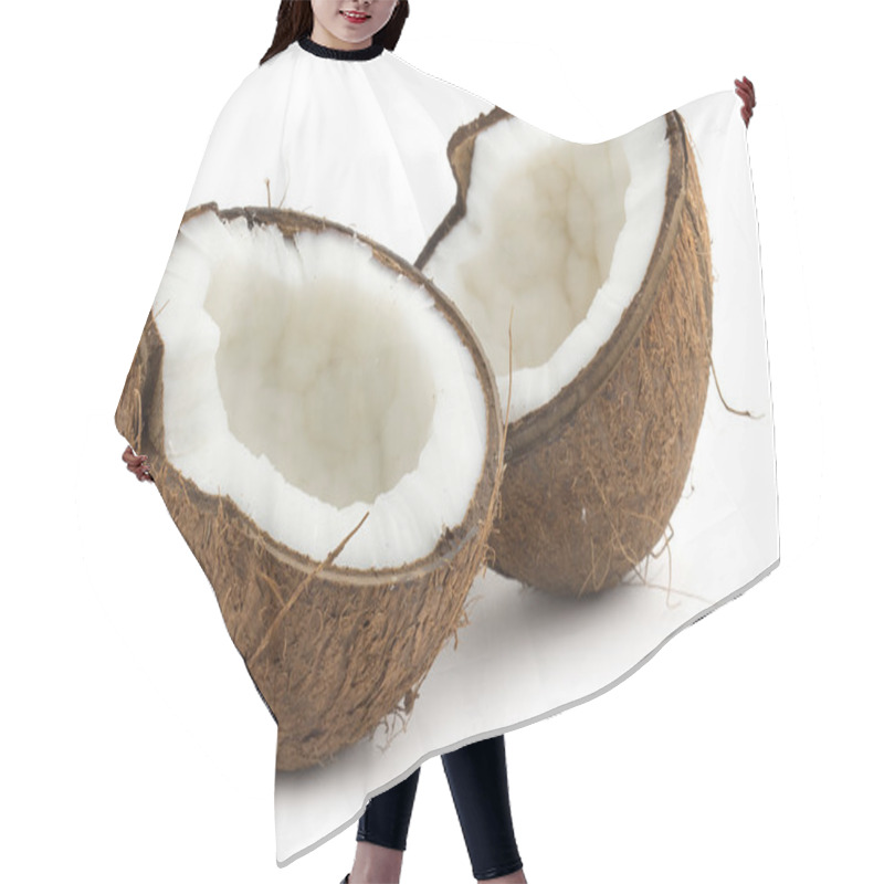 Personality  Coconut Cutted In Half On White Background Hair Cutting Cape