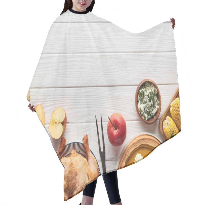 Personality  Top View Of Roasted Turkey, Pumpkin Pie And Grilled Corn Served On White Wooden Table With Red Plaid Napkin Hair Cutting Cape