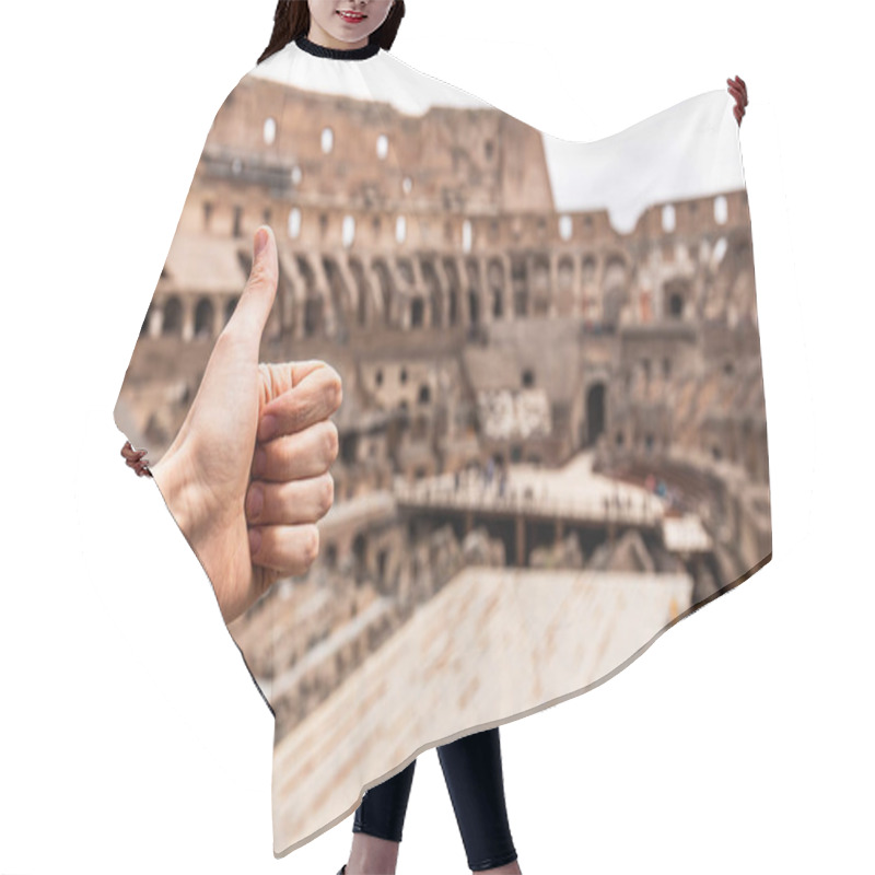 Personality  ROME, ITALY - JUNE 28, 2019: Partial View Of Man Showing Thumb Up In Front Of Colosseum Hair Cutting Cape