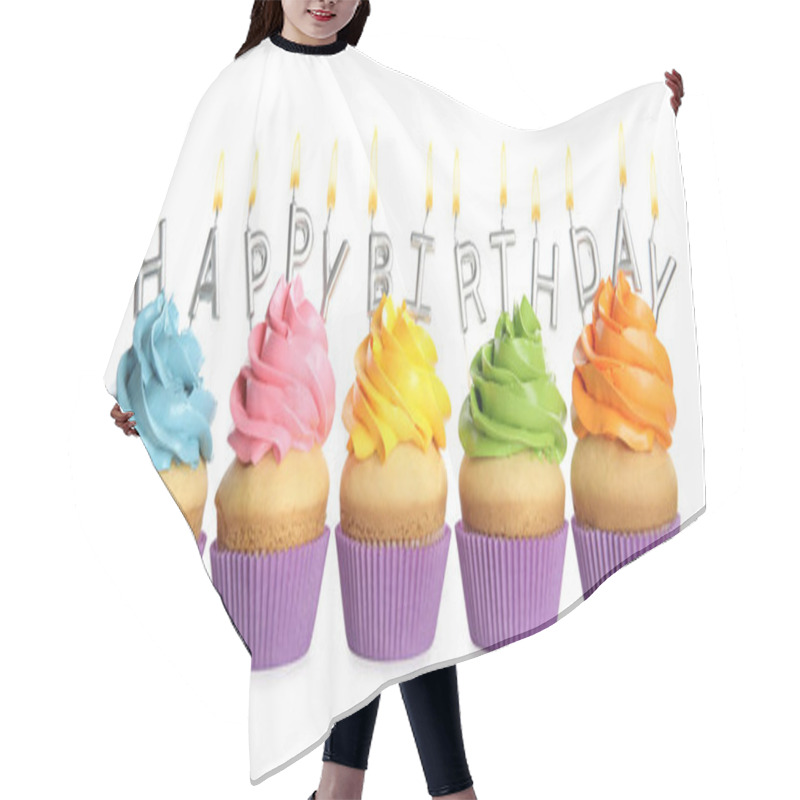 Personality  Birthday Cupcakes With Candles On White Background Hair Cutting Cape