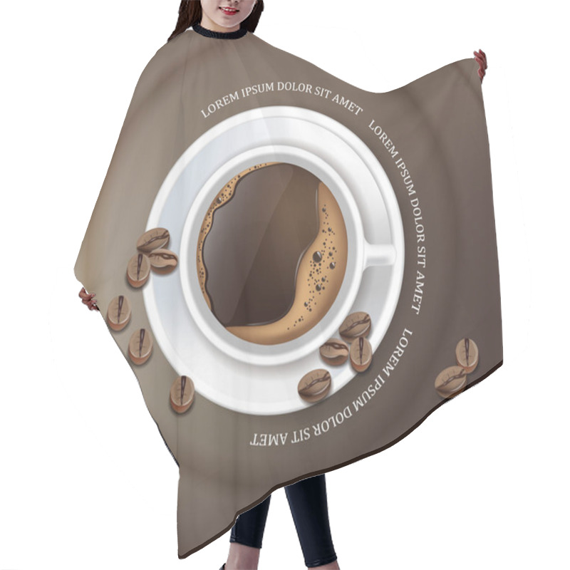 Personality  Coffee Cup Card Vector Realistic. Product Placement Mock Up. Dark Beans, Coffee Background. Top View 3d Illustrations Hair Cutting Cape