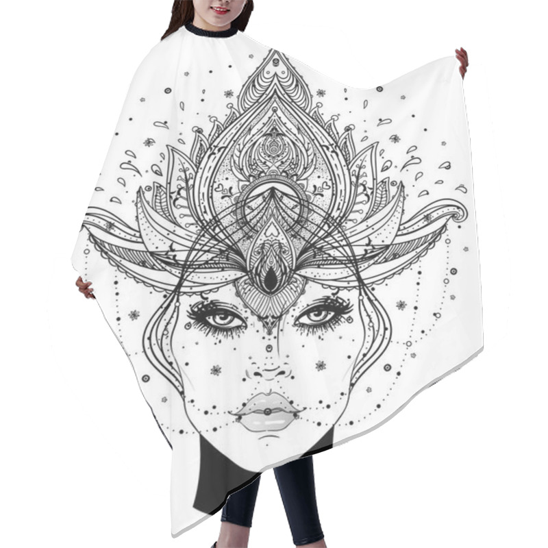 Personality  Tribal Fusion Boho Diva. Beautiful Asian Divine Girl With Ornate Crown, Kokoshnik Inspired. Bohemian Goddess. Hand Drawn Elegant Illustration. Lotus Flower, Ethnic Art, Patterned Indian Paisley. Hair Cutting Cape