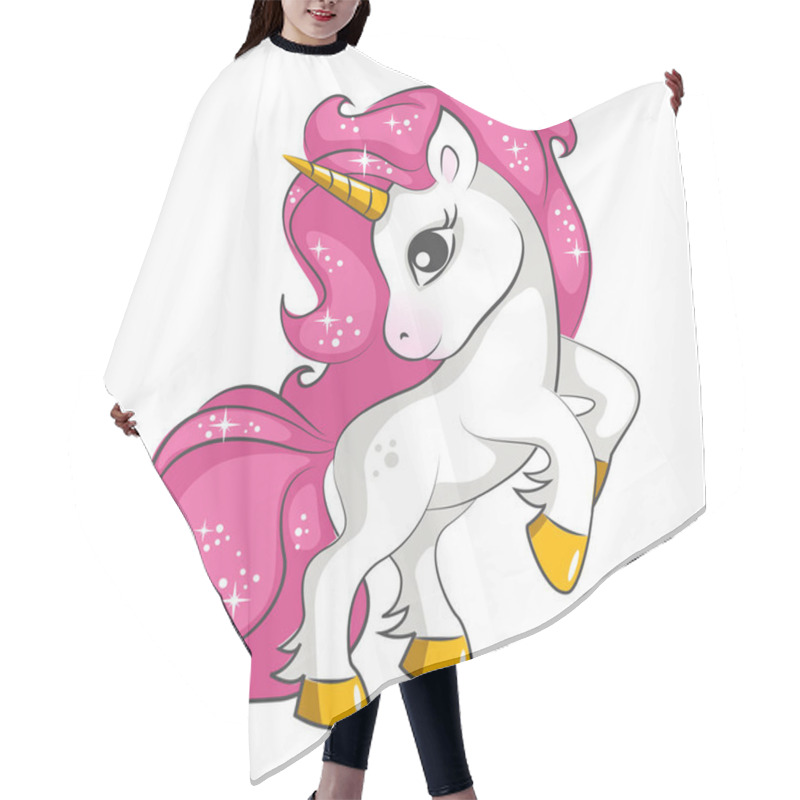 Personality  Cute Little Pink  Magical Unicorn. Vector Design On White Background. Print For T-shirt. Romantic Hand Drawing Illustration For Children. Hair Cutting Cape