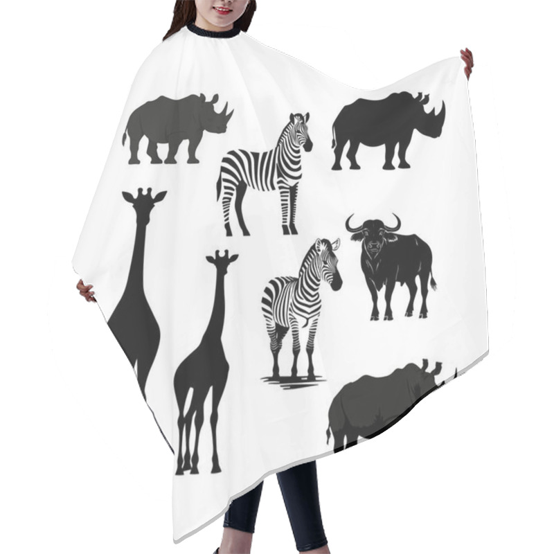 Personality  Silhouettes Of African Wildlife Including Giraffes, Zebras, And Rhinos On A White Background Hair Cutting Cape