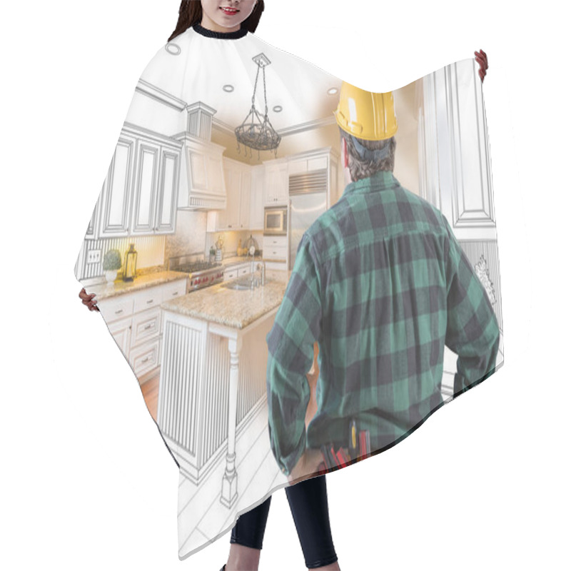 Personality  Male Contractor With Hard Hat And Tool Belt Looking At Custom Kitchen Drawing Photo Combination On White. Hair Cutting Cape