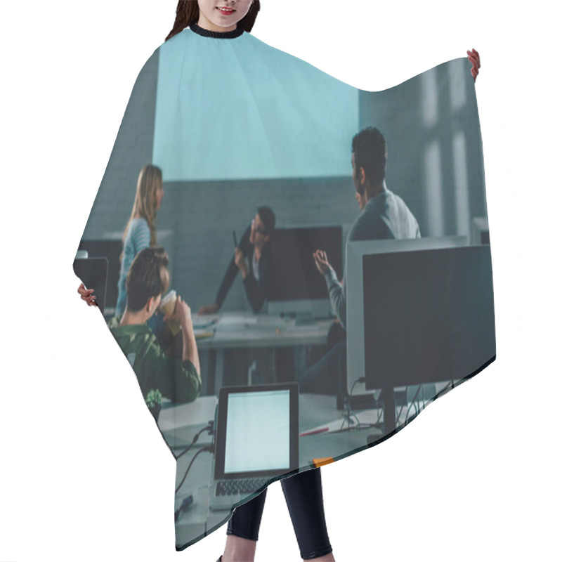 Personality  People Watching Presentation In Office At Nighttime. Blank Screen  Hair Cutting Cape