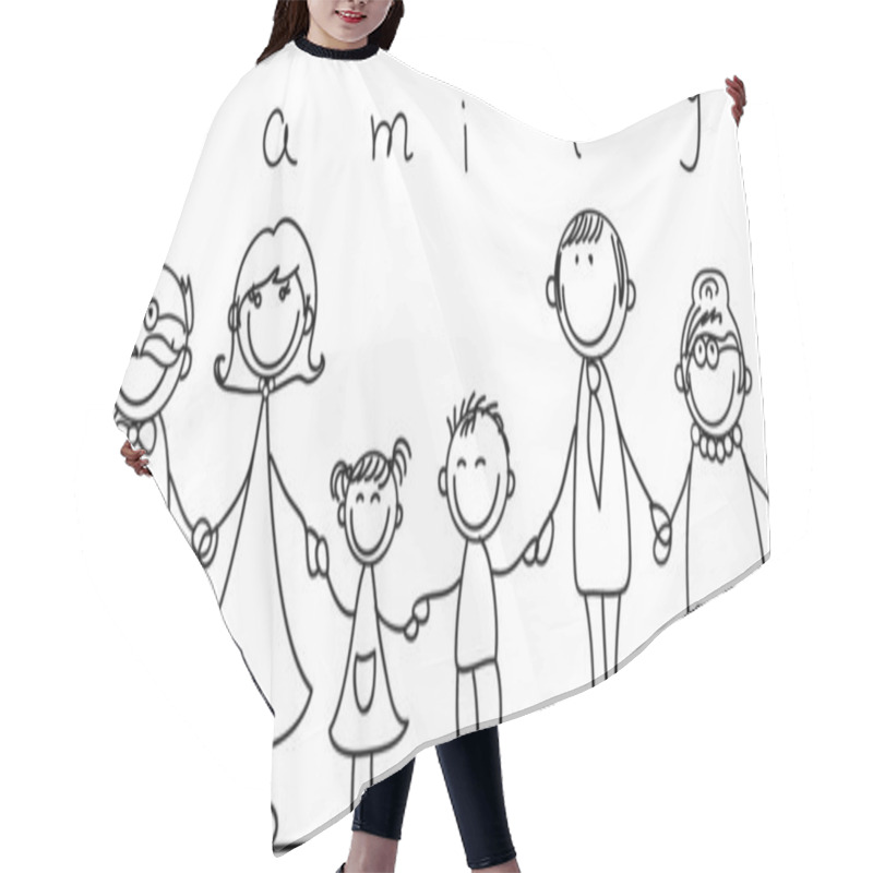 Personality  Happy Family Holding Hands Hand Drawing Isolated On White Background Hair Cutting Cape