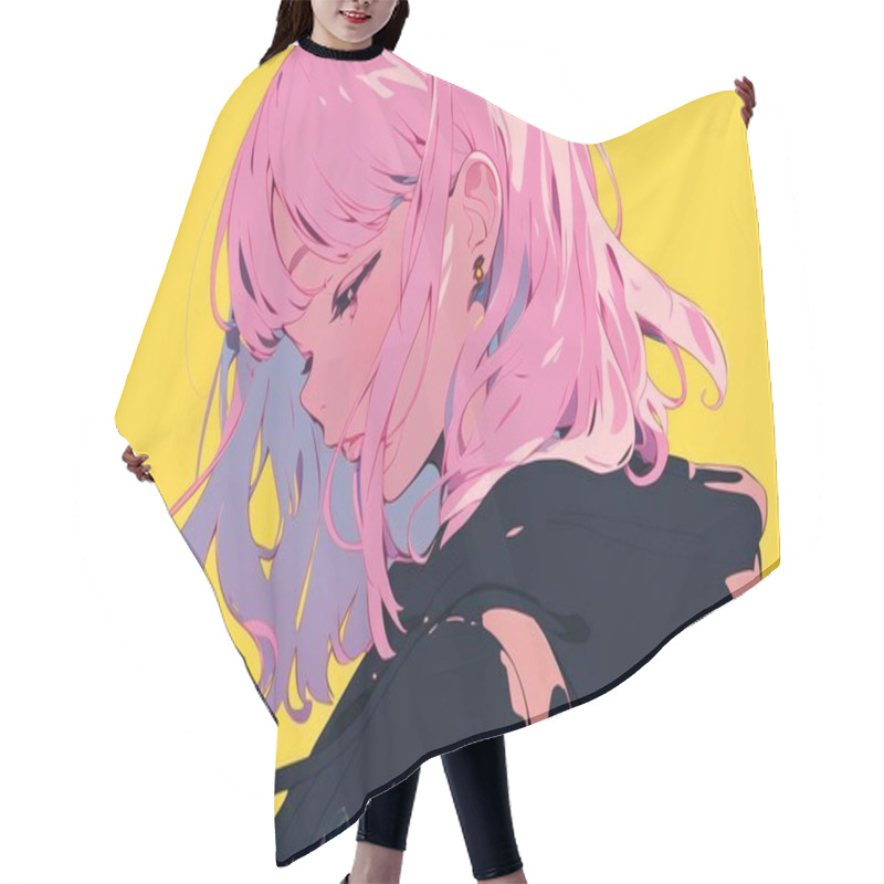 Personality  A Detailed Anime-style Illustration Of A Pink-haired Girl With A Yellow Backdrop, Exuding Elegance And Style. Hair Cutting Cape