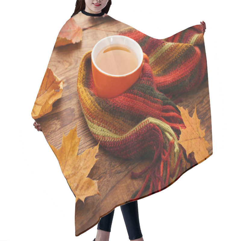 Personality  Autumn Leaves, Book And Cup Of Tea On Wooden Table In Studio Hair Cutting Cape