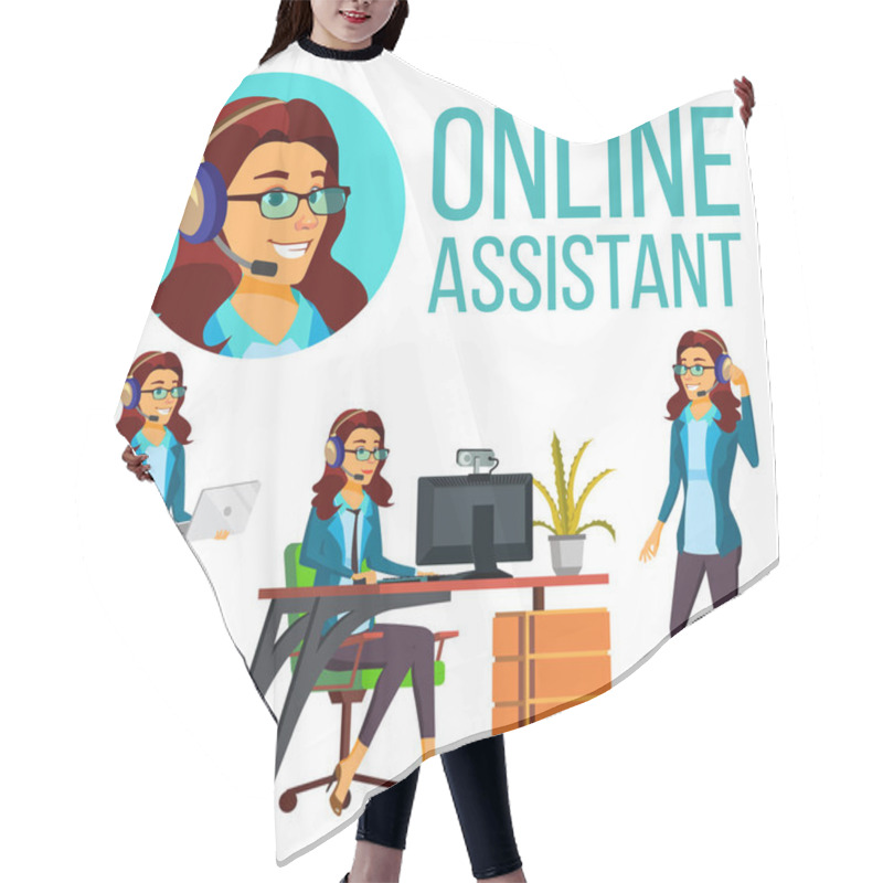 Personality  Online Assistant European Woman Vector. Headphone, Headset. Helpline Operator. Website Support. Illustration Hair Cutting Cape