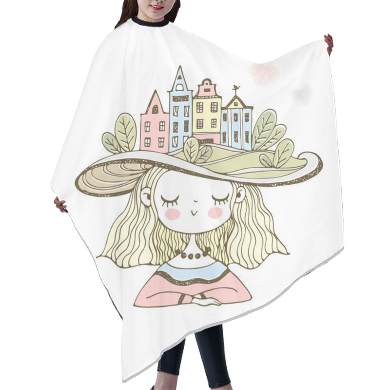 Personality  Cute Girl In A Hat With European Houses. Vector. Hair Cutting Cape