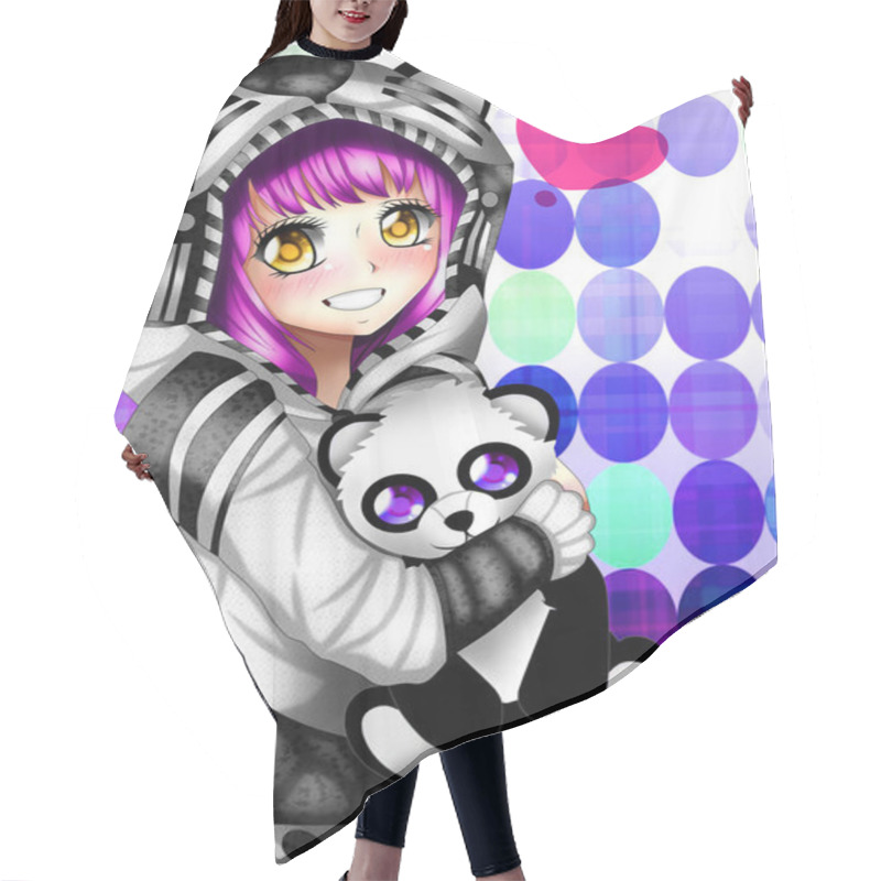 Personality  Portrait Of A Girl With A Sweeter Of Panda, Anime Style. Hair Cutting Cape