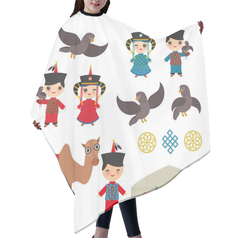 Personality  Mongolian Boy And Girl National Costume. Cartoon Children In Traditional Dress. Hunter, Hunting With An Eagle, Camel, Traditional Dwellings, Such As The Yurt And The Tent. Vector Illustration Hair Cutting Cape