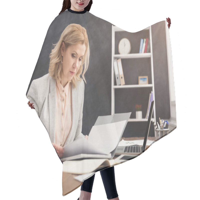 Personality  Businesswoman Reading Document At Office Desktop Hair Cutting Cape