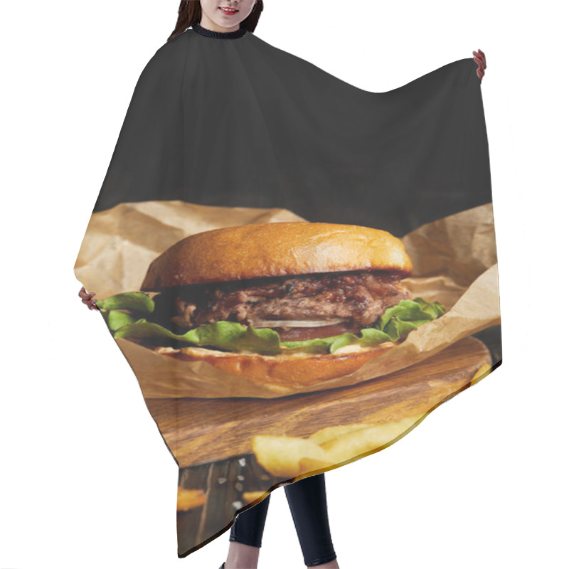 Personality  Tempting Fast Food Diner With Burger And Golden Fried Poatato Hair Cutting Cape