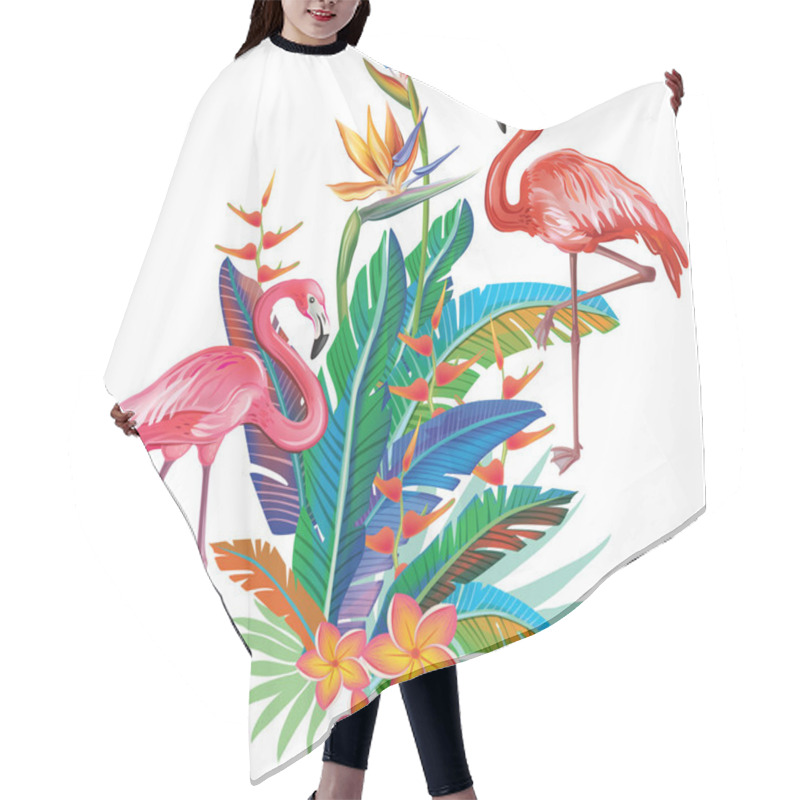 Personality  Flamingoes With Arrangement From Tropical Flowers And Leaves Hair Cutting Cape