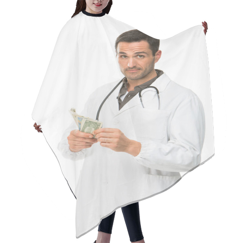 Personality  Half Length Portrait Of A Male Doctor With Stethoscope While Counting Money Hair Cutting Cape