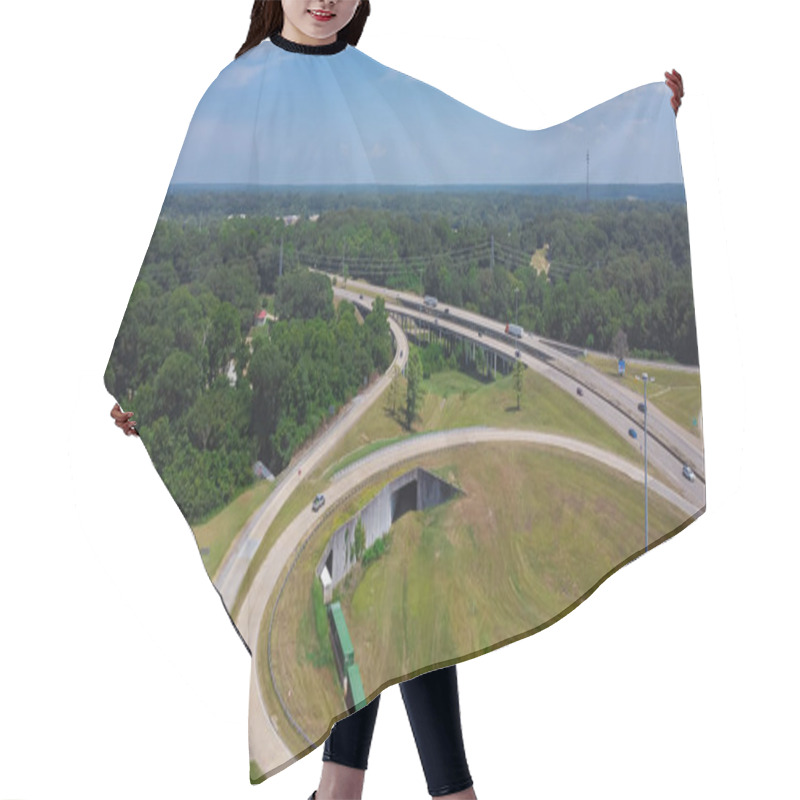 Personality  Circular Highway Exit Or Ring Road With Railroad Tunnel, Large Drainage System, Overpass, Viaduct Off Highway Interstate 20 In Vicksburg, Mississippi. Aerial View Beltline Loop Alternate Route Ramp Hair Cutting Cape