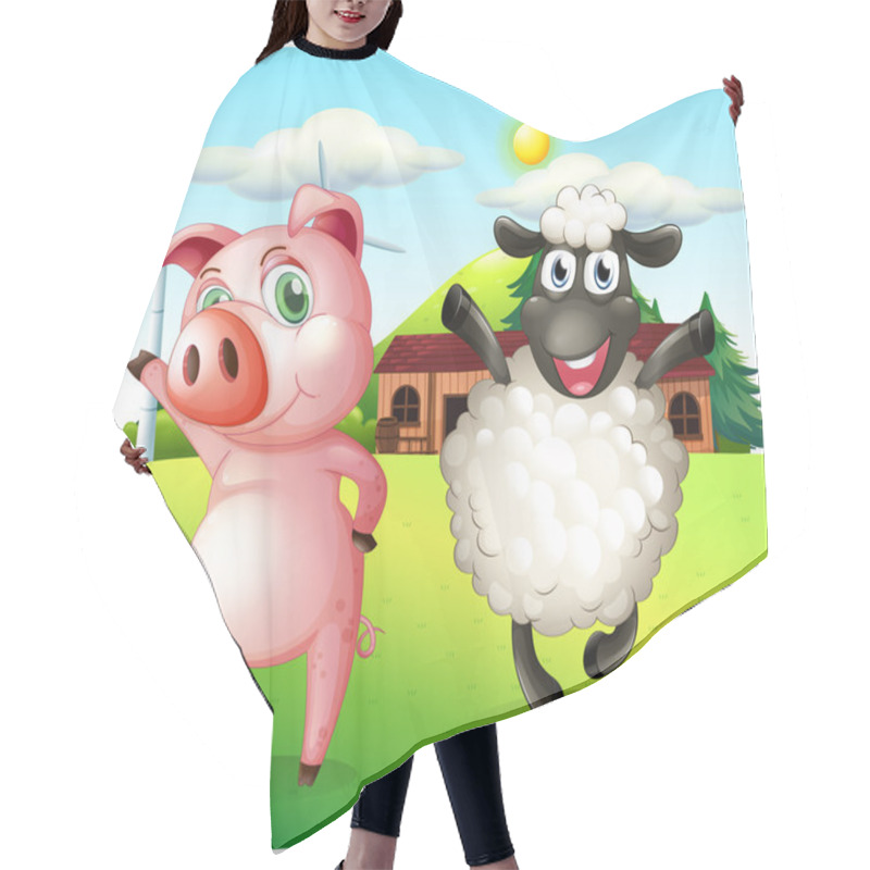 Personality  A Pig And A Sheep Dancing At The Farm With A Windmill Hair Cutting Cape