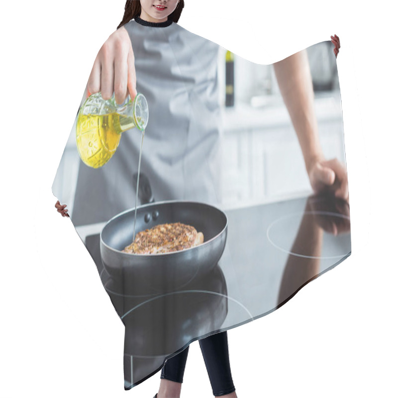 Personality  Cropped Shot Of Man In Apron Pouring Oil While Cooking Steak On Frying Pan Hair Cutting Cape