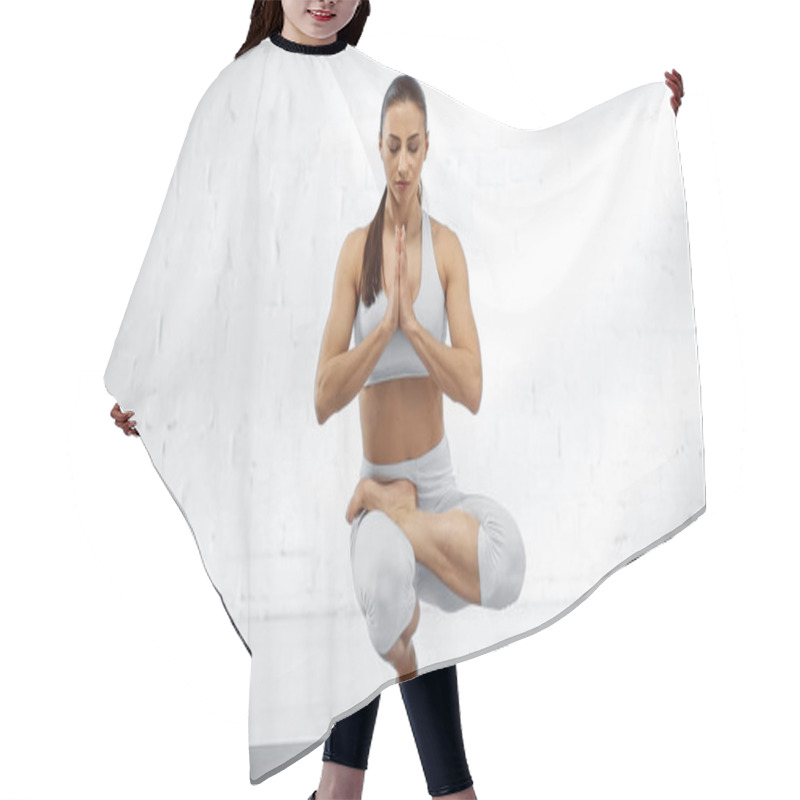 Personality  Woman With Praying Hands Balancing On Yoga Mat  Hair Cutting Cape