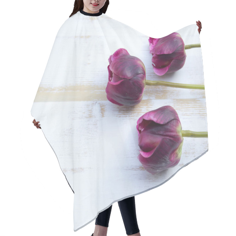 Personality  Purple Tulips On White Rustic Wooden Background Hair Cutting Cape