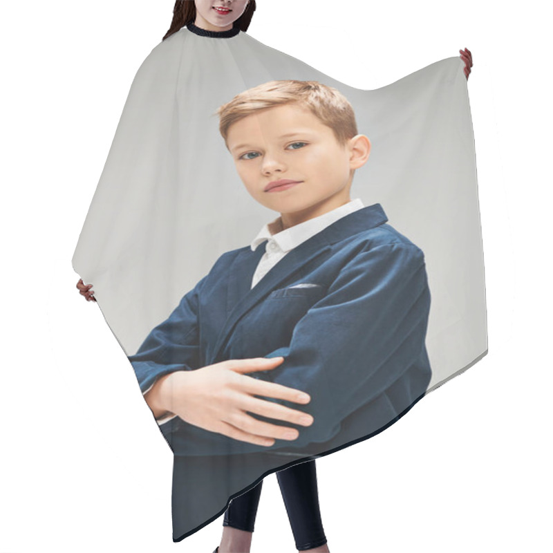 Personality  Preadolescent Boy In Elegant Blue Suit Standing With Arms Crossed. Hair Cutting Cape