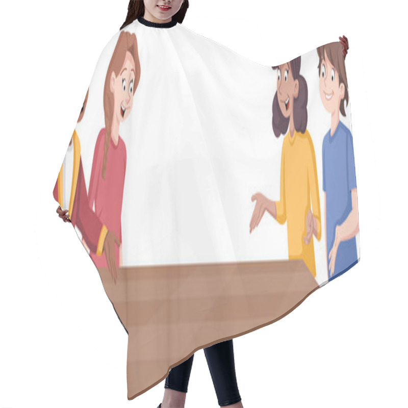 Personality  Cartoon Teenagers Around Table. Happy Young People. Hair Cutting Cape