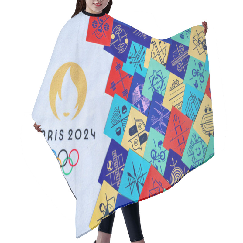 Personality  PARIS, FRANCE, MARCH 26, 2024: The Official Emblem Of The Paris 2024 Summer Olympics Combined With An Pictogram Cards Signifying All Olympic Sports Hair Cutting Cape