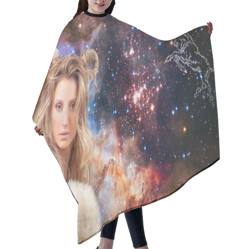 Personality  Aries Zodiac Sign. Astrology And Horoscope Concept, Beautiful Woman Aries On The Galaxy Background Hair Cutting Cape