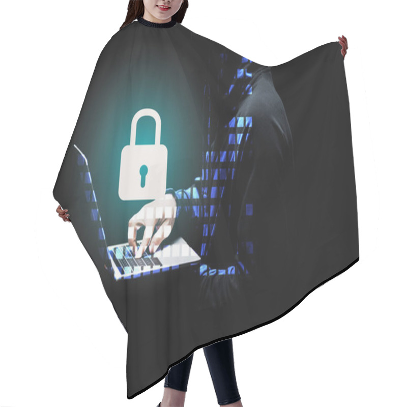 Personality  Cropped View Of Hacker In Hood Using Laptop Near Padlock On Black  Hair Cutting Cape