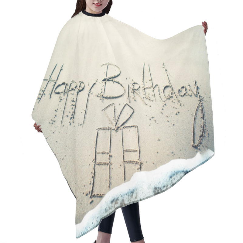 Personality  Happy Birthday Lettering And Present Symbol On Sand Of Beach Hair Cutting Cape