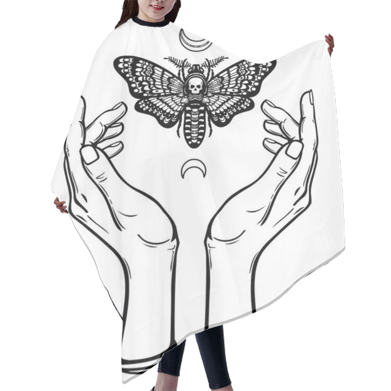 Personality  Human Hands Hold A Moth The Dead Head. Symbols Of The Moon. Mysticism, Esoteric, Sorcery. Coloring Book. Vector Illustration Isolated On A White Background. Hair Cutting Cape