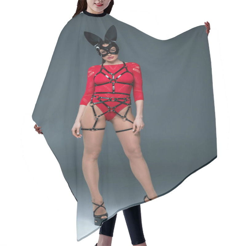 Personality  Kinky Woman In Sexy Costume Wearing Heels On Grey Background Hair Cutting Cape