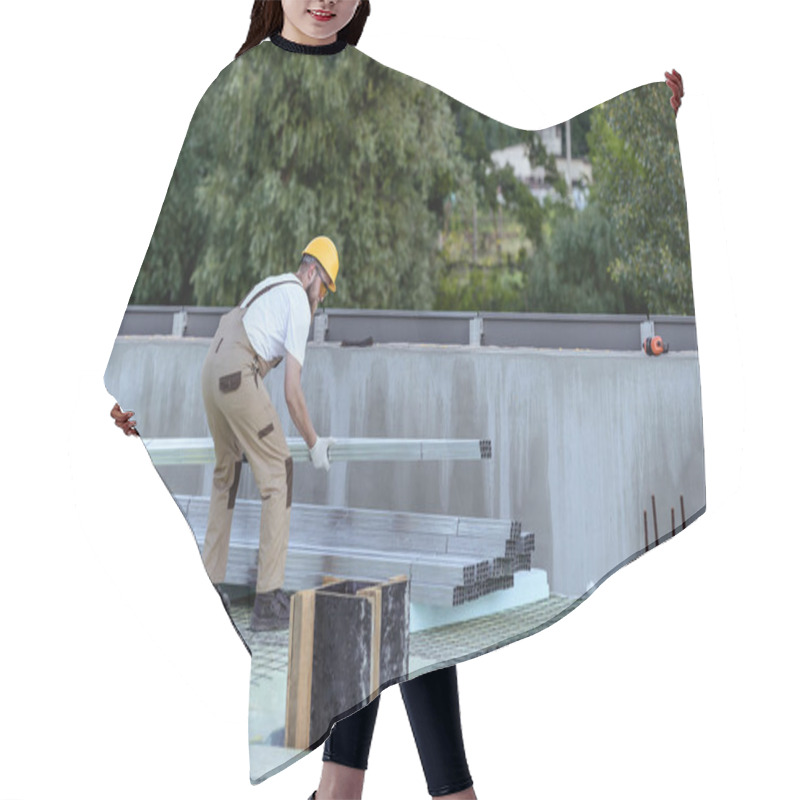 Personality  Rear View Of Builder In Protective Googles And Hardhat Putting Metal Structures At Construction Site  Hair Cutting Cape