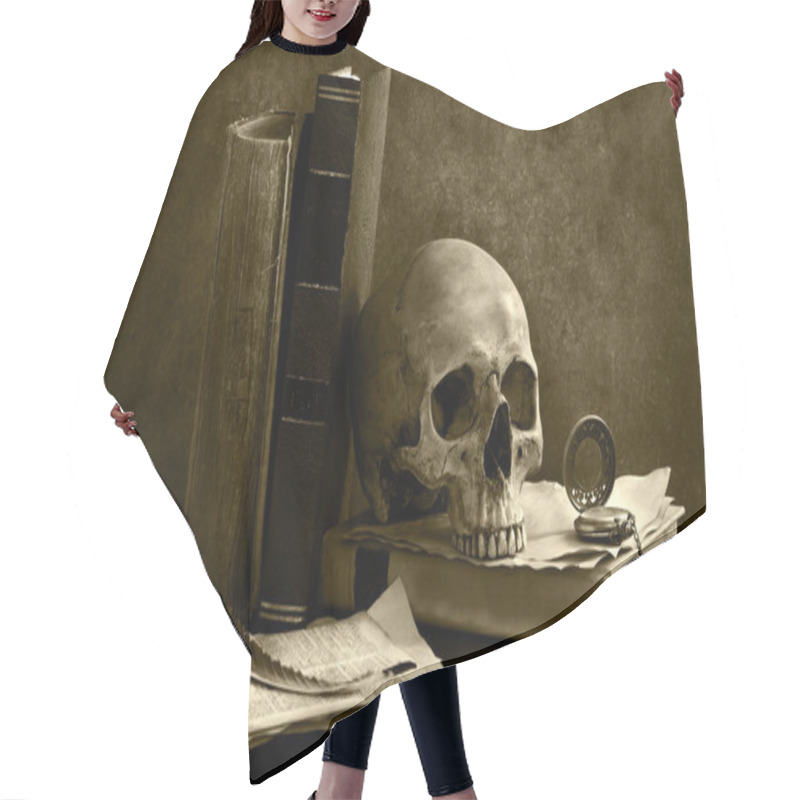 Personality  Human Skull Skeleton With Book Omn Desk Hair Cutting Cape