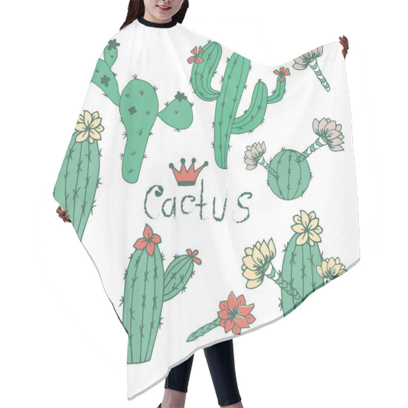 Personality  Cactus. Set. On A White Background. Sketch Doodle. Hair Cutting Cape