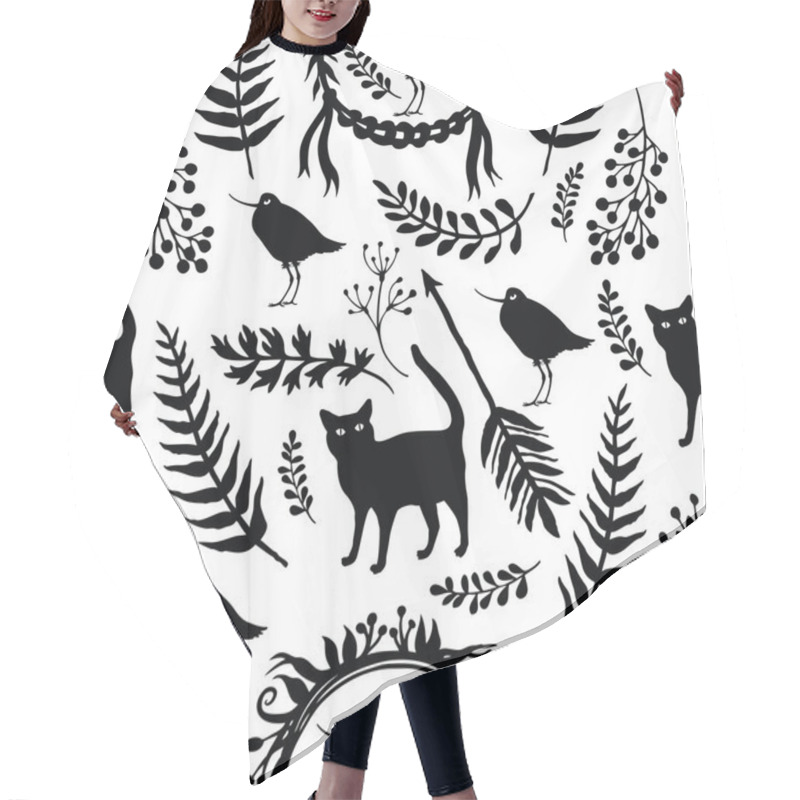 Personality  Background With Silhouettes Of Birds And Cats, Flowers, Herbs An Hair Cutting Cape