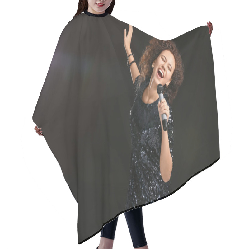 Personality  Young African-American Woman Singing On Dark Background Hair Cutting Cape