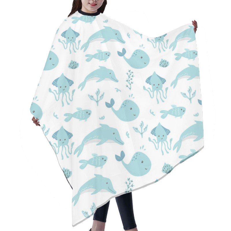 Personality  Cute Aquatic Animal Pattern With Dolphins, Whales, Fish, And Squids In Teal And White. Hair Cutting Cape