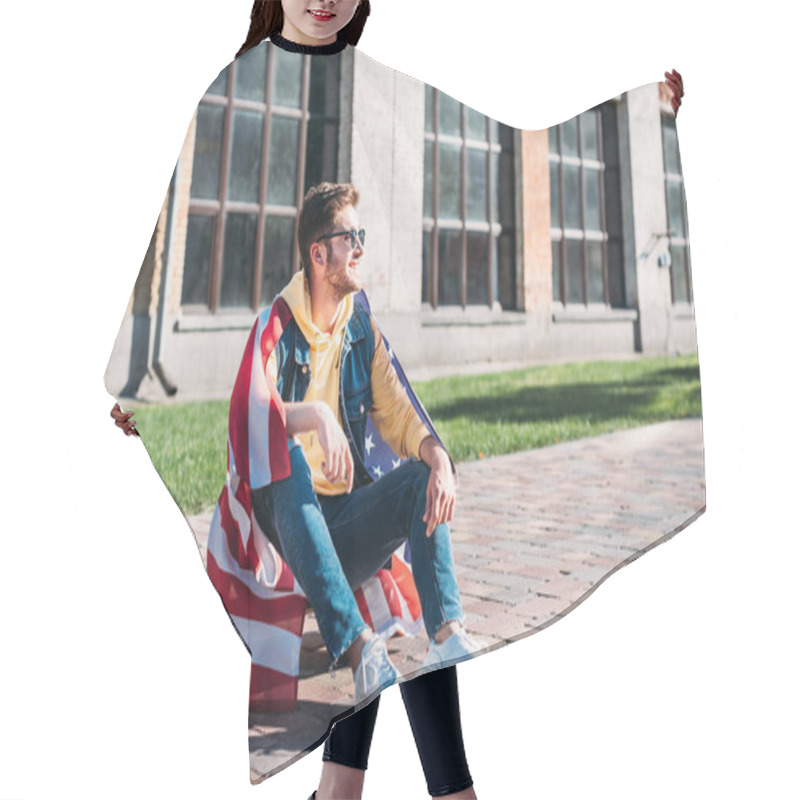 Personality  Smiling Young Man With American Flag Sitting On Longboard On Street Hair Cutting Cape