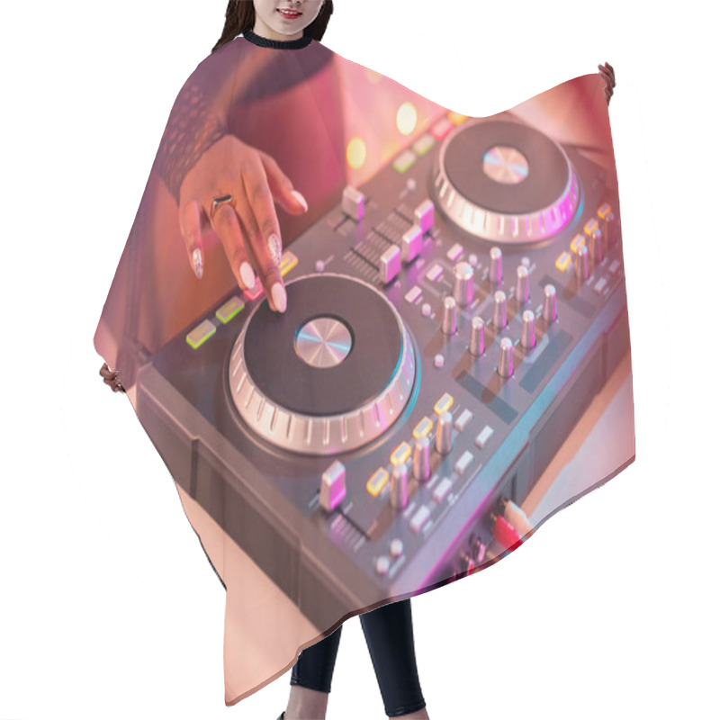 Personality  Hands Of Young Woman Of African Ethnicity Rotating One Of Turntables While Making New Music For Disco Dancing At Party In The Night Club Hair Cutting Cape