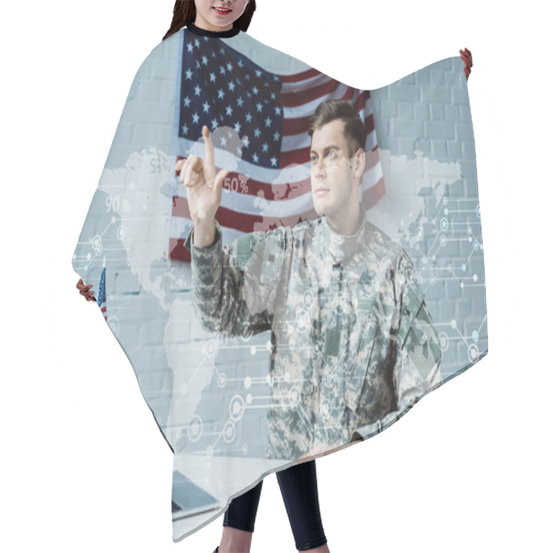 Personality  Handsome Man In Military Uniform Gesturing Near Data Visualization Hair Cutting Cape